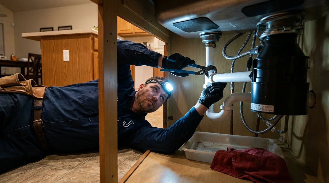 P-trap and supply line connections under a kitchen sink showing a common leak point in Smyrna, GA